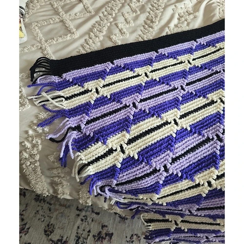 Purple White‎ Striped Grannycore Cottagecore Crochet Fringe Throw Afghan 56